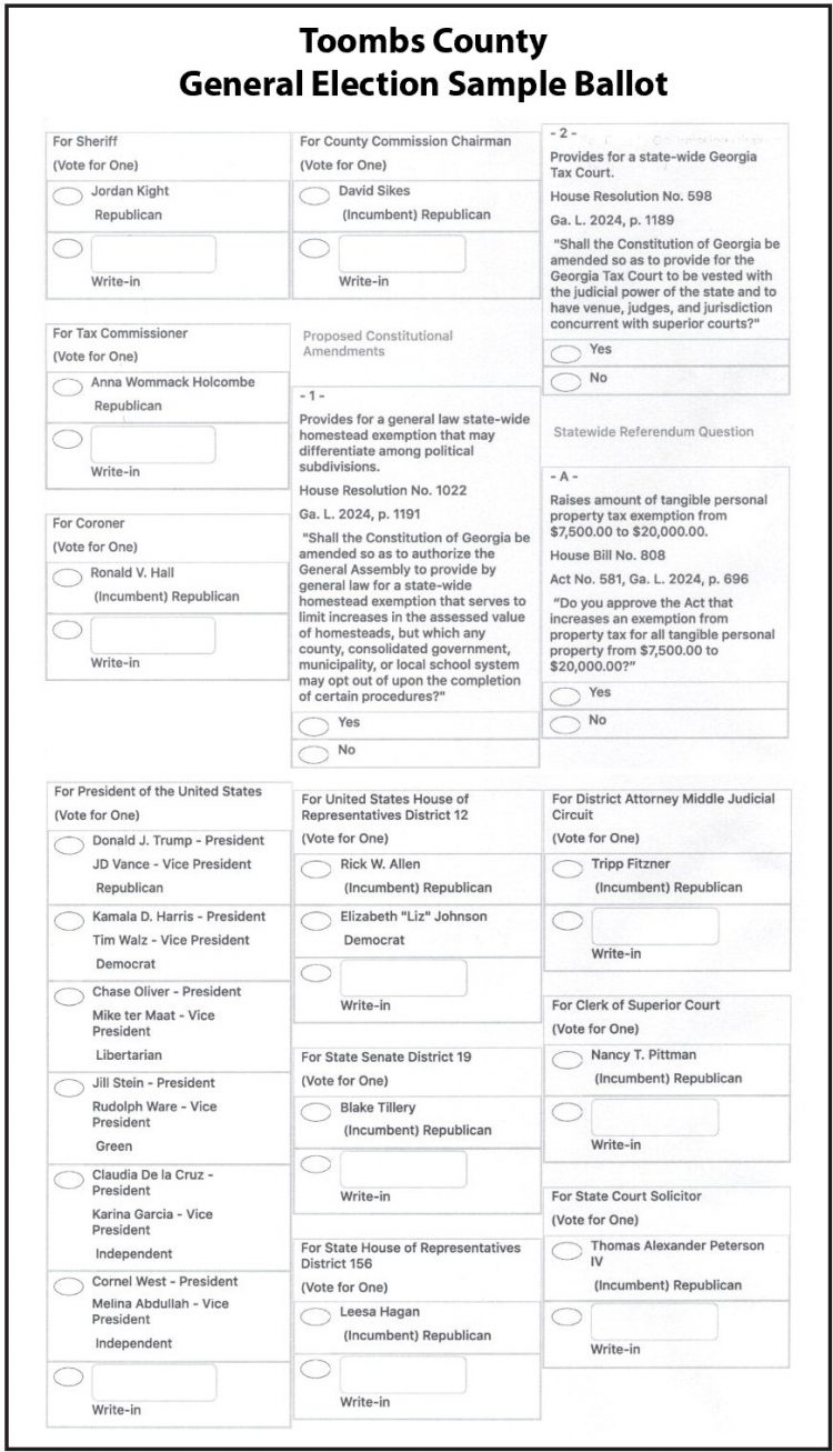 Toombs County General Election Sample Ballot