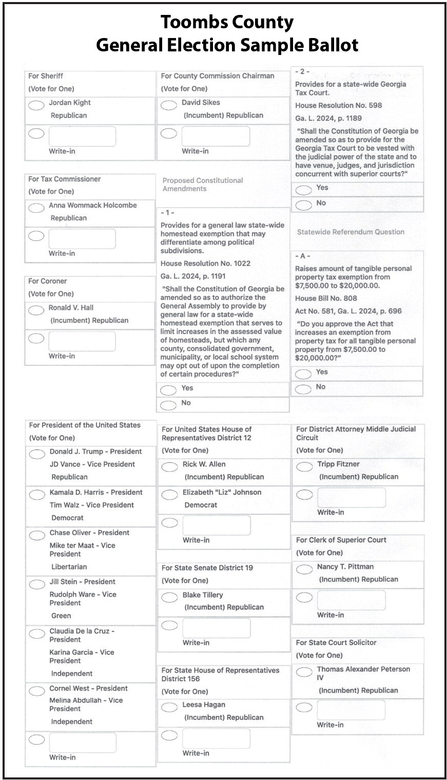 Toombs County General Election Sample Ballot